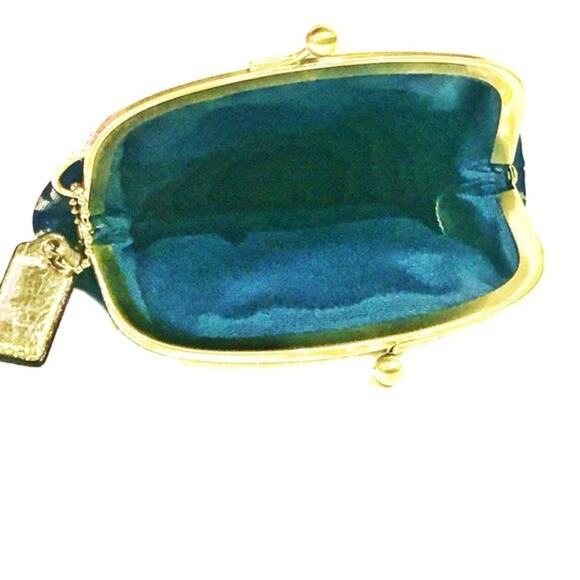 Coach Signature New York Script Navy Mini Clutch Retro Kiss Lock Gold Tone - Picture 5 of 11